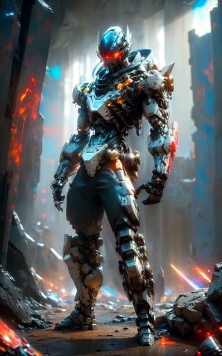 wide full_body view, 1man, black hood , standing pose onbattlefield background, rule of third, studio lighting, ultra detailed, ultra realistic, dramatic, sharp focus, remarkable color,cyberpunk style,mecha,red crystal arm, Mechanical thigh