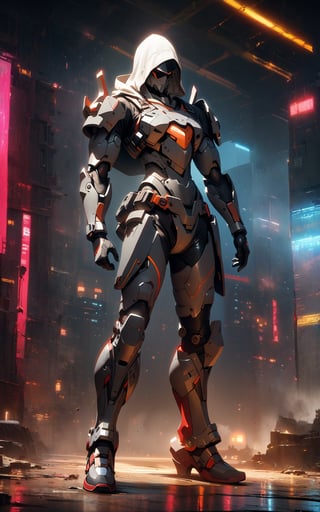 wide full_body view, 1man, white hood , standing pose onbattlefield background, rule of third, studio lighting, ultra detailed, ultra realistic, dramatic, sharp focus, remarkable color,cyberpunk style,mecha,red crystal arm, Mechanical thigh,2D,black armor,robot