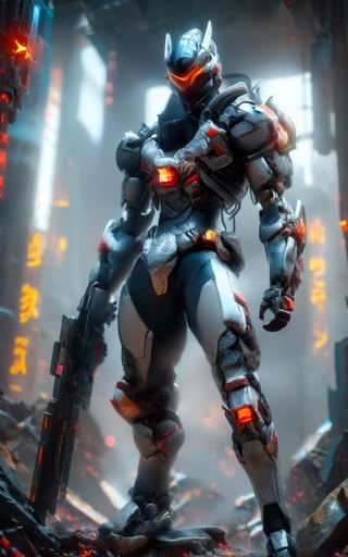 wide full_body view, 1man, black hood , standing pose onbattlefield background, rule of third, studio lighting, ultra detailed, ultra realistic, dramatic, sharp focus, remarkable color,cyberpunk style,mecha,red crystal arm, Mechanical thigh,2D