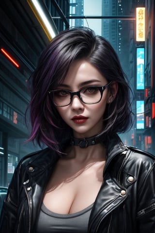 An artwork inspired by the cyberpunk genre, portraying a futuristic woman with glasses. The image is characterized by split toning, with a combination of light orange and dark purple hues that create a striking contrast. The artwork incorporates elements of mixed media, combining techniques such as intaglio engraving, stippling, and the aesthetic of sumi-e. The composition is dynamic, with a bold chromatic palette and a unique angle that adds depth and intrigue to the scene. The lighting is harsh, casting dramatic shadows and emphasizing the cyberpunk atmosphere. The woman's attire and accessories reflect a blend of cyberpunk and corporate punk styles, with a touch of urban decay. The overall mood of the artwork is morose, capturing the essence of a futuristic world immersed in cyberspace.