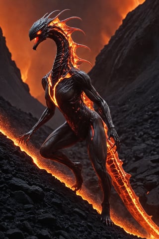 A startlingly unique alien creature, seemingly born from the depths of a volcanic eruption on a lava planet. Its long, elongated head stretches almost twice the length of its body, giving it an almost serpentine appearance. The surface of its skin is a shimmering, molten red, mimicking the color of the lava that surrounds it. Lava drips from its body, continuously reforming and reshaping its form as it flows down its back and over its limbs. The alien's eyes glow with an intense heat, their irises hidden by the flowing lava. Its mouth, a narrow slit lined with razor-sharp teeth, seems to quiver as it exhales hot air, further adding to its menacing appearance. The creature's long, sinuous tail is tipped with a razor-sharp spike, which it uses to navigate through the flowing lava with deadly precision. Despite its otherworldly appearance and intimidating demeanor, the creature seems to move with a grace that defies its alien anatomy, as if it were born to exist within the unforgiving environment of the lava planet.,futuristic alien