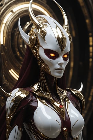 Futuristic alien woman goddess, white porcelain face, in polished chrome armor with glowing eyes, gold and burgundy accents, unknown materials, realistic detailed digital painting, cinematic lighting, fantasy, character design by Craig Mullins and H. R. Giger, 4k resolution,futuristic alien