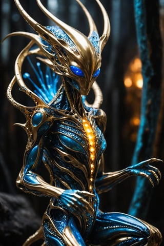 A stunningly intricate and ethereal alien creature, seemingly constructed from the very essence of galactic energy and otherworldly minerals. Its form glows with a warm, pulsating light, emanating shimmering shades of amber and azure. The creature's exoskeleton appears to be made of iridescent crystals that refract the light in myriad ways, revealing complex patterns of metallic hues. Its limbs are long and graceful, tipped with delicate, almost feathery appendages that seem to dance with each movement. The alien's head is crowned by a massive, fin-like structure adorned with glittering gemstones, giving it an almost regal appearance. Its eyes are huge and luminous, glowing like burning embers set within pools of liquid mercury. Despite its otherworldly appearance, the alien exudes an air of serenity and wisdom, as if it has been witness to the unfolding of countless cosmic dramas. The image conveys a sense of awe-inspiring wonder and the enduring mystery of the universe, inviting the viewer to ponder the possibilities of life beyond their own understanding.,futuristic alien