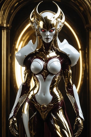 Full body portrait, Futuristic alien woman goddess, white porcelain face, in polished chrome armor with glowing eyes, gold and burgundy accents, unknown materials, realistic detailed digital painting, cinematic lighting, fantasy, character design by Craig Mullins and H. R. Giger, 4k resolution,futuristic alien