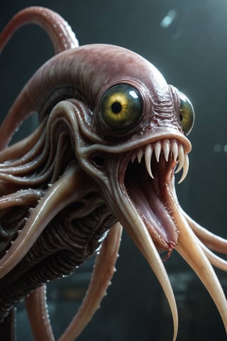 Squid-like alien creature with a big mouth filled with razor teeth, sci-fi theme, detailed digital painting, cinematic lighting, hyper-realistic, creature design by Neville Page and H.R. Giger, artstation showcase, 4k resolution