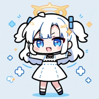 cute, kawaii, chibi, 1girl, angel, ((white hair)), long curly hair, (two side up), blue eyes,  (curly hair:1.2), (wavy hair), (hair curls), (bangs), (two side up), two blue hair ties on head, (Double golden halo on her head), choker, angel wings, ahoge, fang, White dress with blue lace trim, anime style, cute pose,chibi,