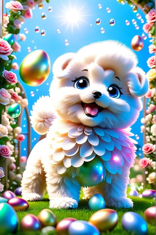 Charming and happy little puppy [Bichon Frizé] Chibi, nestled among roses, framed by a lush green lawn dotted with Easter eggs, against a backdrop of blue sky and rainbow arches with floating soap bubbles, in a pose on all fours, Photographed by Miki Asai with macro lens precision, trending on ArtStation with Greg Rutkowski's detailed fantasy style in 9k resolution, sharp F 1.5 focus aperture, intricate details, studio photography setting, ultra high