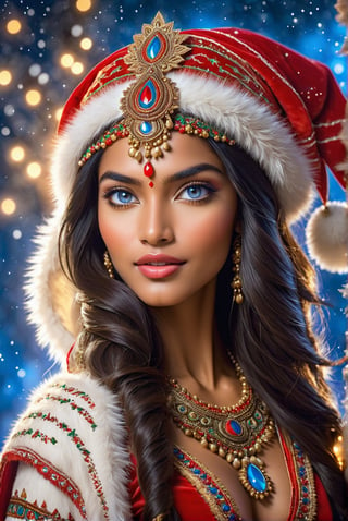 award-winning photography photo, A beautiful Indian woman in Christmas attire, Brazilian indigenous costume, detailed skin, skin pores, magical fantasy, long hair, intricate, sharp focus, highly detailed, 3D, blue eyes, Megan Fox, ral-chrcrts