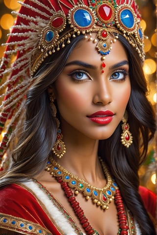 award-winning photography photo, A beautiful Indian woman in Christmas attire, Brazilian indigenous costume, detailed skin, skin pores, magical fantasy, long hair, intricate, sharp focus, highly detailed, 3D, blue eyes, Megan Fox, ral-chrcrts