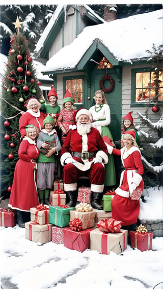 santa claus, his wife, lots of elves around, in front of their house, with snow and a big pile of presents at the foot of a lit tree