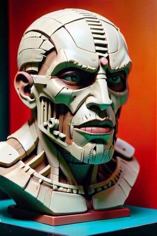 a clay sculpture sitting on top of a table, inspired by Ossip Zadkine, trending on zbrush central, new sculpture, mask inside mask, machine parts embedded into face, tiki, hero prop, 3 heads, looking to the side, unfinished, prop design, as the colossal titan, face covers half of the frame, detailed acrylic, face shown