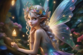 a full body view of A whimsically eccentric fairy with shimmering wings, each intricate detail radiates with magic: tiny silver bells tangled in her hair, sparkling dewdrops adorning her translucent wings, and bright iridescent eyes filled with mischief. The main subject is a fantastical creature with a playful demeanor. The ethereal beauty of this scene is truly breathtaking, with vivid colors and intricate details that bring the fairy to life. The high-quality rendering captures every enchanting aspect of this mystical being, drawing viewers into a world of whimsy and wonder.,enchant3d