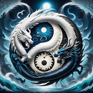 Yin-yang, where the one side is a full body White Tiger and the other side is a black holomashdragon Chinese dragon, Dragon Made of Scales, Black with Blue Stripes detailed and intricate dragon design, Waterfall silhouette, Circle, dragon