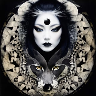 ""Hyper-maximalist Microphotograph Portrait: "YinYang with the white side being a white tiger and the black side a black dragon": photograph by Stephen Gammell - Gabriel Pacheco - Naoto Hattori - Joan Miró - Russ Mills - Minjae Lee - Chalida Mingmalee - Gustave Doré - Anna Dittmann - Jordan Grimmer - Dianne Briggs - Jasmine Becket-Griffith - Karol Bak - Tim Burton""