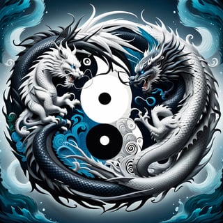 Yin-yang, where one side is a full-body White Tiger and the other side is a black holomashdragon Chinese dragon, Dragon Made of Black with Blue Stripes Scales, detailed and intricate dragon design, Waterfall silhouette, Circle, dragon,Tiger ,Chinese Dragon