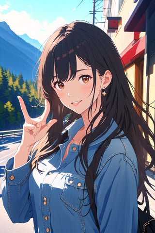 (masterpiece, best quality, ultra-detailed, 8K),high detail, realisitc detailed, a beautiful young lady with long flowy black hair over shoulders in the dark, jeans outfits, brown eyes, pale soft skin, kind smile, glossy lips, a serene and contemplative mood, setting on the top of the mountain, some people walking in the street. making Victory Hand Gesture,