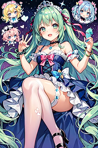 One girl, Vtuber anime character design, Love Peace Ice Cream!, an overly maximalist Vtuber character dressed in a super decorative pink Lolita fashion. Her anime-style face is incredibly cute, featuring sparkling eyes in gradient pastel colors. Her multi-layered hair flows down in a flurry of pastel green, purple, and blue, and is adorned with an excess of ribbons, flowers, and sparkly accessories. She wears a frilly cupcake-shaped dress in different shades of red, covered in lace, ribbons, and frills. The dress is further decorated with chocolate motifs, stuffed toys, and miniature mascot characters. Multiple petticoats peek out from underneath, each a different shade of pink. She wears striped stockings and platform shoes with heart-shaped buckles. A plethora of bracelets, rings, necklaces, tiaras, and more adorn her. The background is a dizzying collage of vivid colors.,flat style,txznf,Deformed,dal-6 style