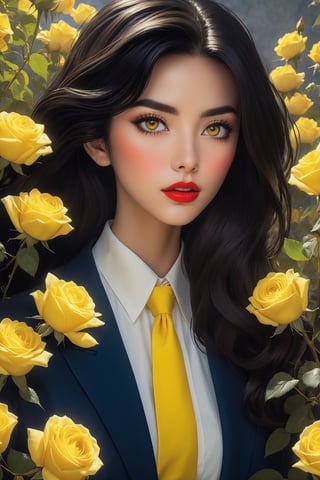 (Arielfstyle:1.0), Retro Ghibli scene, Light dream, terror, healing, Painting, lovecraftian,  black hair, yellow jackets, high resolution, blazer, yellow flower, yellow roses, rozen, shirt, long wavy hair, White shirts, fantasy theme, style of Ghibli studio,masterpiece, best quality,HellAI,Enhanced All,Pure Beauty, black eyes, seductive eyes, full lips, red lips