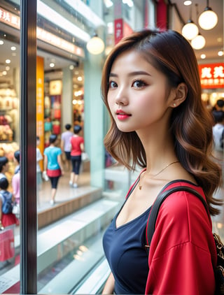 ((real photo)), a Taiwan beautiful girl window shopping, dynamic angle, depth of field, detail XL,