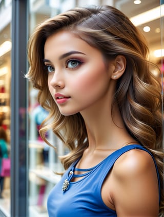 ((real photo)), beautiful girl window shopping, dynamic angle, depth of field, detail XL,