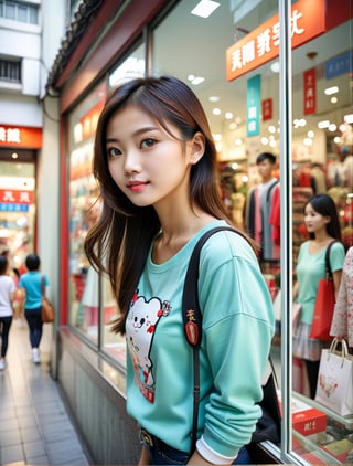 ((real photo)), a Taiwan beautiful girl window shopping, dynamic angle, depth of field, detail XL,