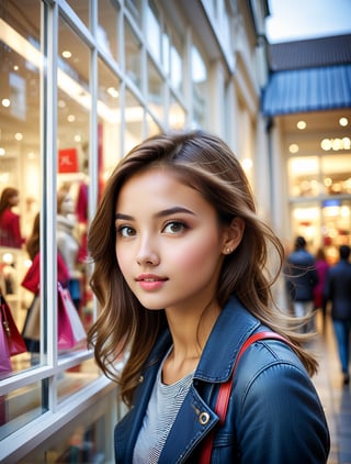 ((real photo)), beautiful girl window shopping, dynamic angle, depth of field, detail XL,