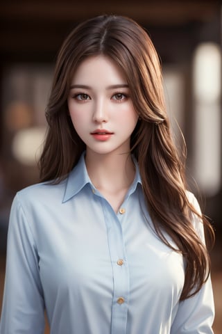 photorealistic, masterpiece, best quality, raw photo, 1girl, solo, long hair, brown hair, detailed face, alluring face, collared shirt, medium breasts, dynamic pose, looking at viewer, detailed background, fine detailed, intricate detail,  ray tracing, depth of field, low key, hdr