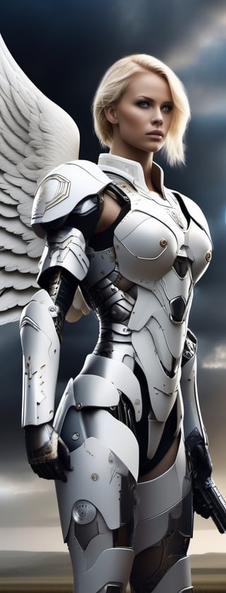 Blonde haired angel standing on a battle field ,cyborg style