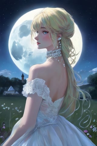 A lone figure stands under the radiant glow of a full moon, surrounded by a star-studded night sky. Her long blonde hair cascades down her back as she wears a flowing white dress with delicate lace trim and a subtle shoulder cutout. Her piercing blue eyes seem to gleam in the moonlight, paired with parted lips that hint at a whisper. A crown of silver jewelry adorns her neck, complementing the gentle curve of her arms at her sides. The outdoor setting is bathed in an ethereal light, with a distant building or structure fading into the darkness.