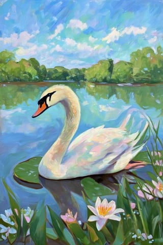 A serene solo swan perches on a lily pad amidst the lush greenery of a tranquil lake's edge, surrounded by vibrant flowers. The warm day's sky above is a brilliant blue, dotted with soft, white clouds that gently reflect off the calm water's surface. Claude Monet's brushstrokes dance across the canvas in soft pastel hues, capturing the idyllic atmosphere as the swan's majestic form takes center stage.,pastel brushstrokes