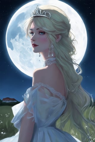 A lone figure stands under the radiant glow of a full moon, surrounded by a star-studded night sky. Her long blonde hair cascades down her back as she wears a flowing white dress with delicate lace trim and a subtle shoulder cutout. Her piercing blue eyes seem to gleam in the moonlight, paired with parted lips that hint at a whisper. A crown of silver jewelry adorns her neck, complementing the gentle curve of her arms at her sides. The outdoor setting is bathed in an ethereal light, with a distant building or structure fading into the darkness.