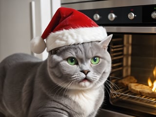 detailed close up photo of a happy santa claus british shorthair with green eyes near a warm oven,