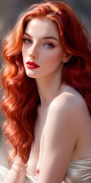 pencil Sketch of a beautiful woman 25 years old, with long red hair, alluring, light red lipstick, portrait by Charles Miano, pastel drawing, illustrative art, soft lighting, detailed, more Flowing rhythm, elegant, low contrast, add soft blur with thin line, ,flat chested