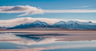 Masterpiece, highest quality, 8k high-quality photos, perfect details, perfect composition, ultra-high definition, the sky over the Salt Lake of Uyuni, the mirror-like surface of the lake, reflections in the water, majestic distant mountains, low mist,