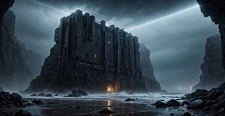 Best quality, extremely detailed, 8k, ultra high definition, perfect quality, masterpiece, night, darkness, mist, shore, cliff, calm sea, rocks, very thick fog, realistic, eerie, gloomy, scary The atmosphere, the menace, the gloom, seen from a distance, extremely fine and detailed, dark reinforced concrete fortifications with vertical, floor-to-ceiling windows, futuristic architecture, architectural neon lights,