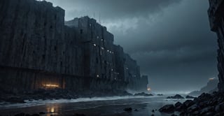 Best quality, extremely detailed, 8k, ultra high definition, perfect quality, masterpiece, night, darkness, mist, shore, cliff, calm sea, rocks, very thick fog, realistic, eerie, gloomy, scary The atmosphere, the menace, the gloom, seen from a distance, extremely fine and detailed, dark reinforced concrete fortifications with vertical, floor-to-ceiling windows, futuristic architecture, architectural neon lights,