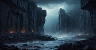 Best quality, extremely detailed, 8k, ultra high definition, perfect quality, masterpiece, night, darkness, mist, shore, cliff, calm sea, rocks, very thick fog, realistic, eerie, gloomy, scary The atmosphere, the menace, the gloom, seen from a distance, extremely fine and detailed, dark reinforced concrete fortifications with vertical, floor-to-ceiling windows, futuristic architecture, architectural neon lights,