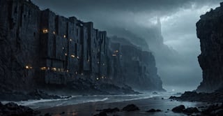 Best quality, extremely detailed, 8k, ultra high definition, perfect quality, masterpiece, night, darkness, mist, shore, cliff, calm sea, rocks, very thick fog, realistic, eerie, gloomy, scary The atmosphere, the menace, the gloom, seen from a distance, extremely fine and detailed, dark reinforced concrete fortifications with vertical, floor-to-ceiling windows, futuristic architecture, architectural neon lights,