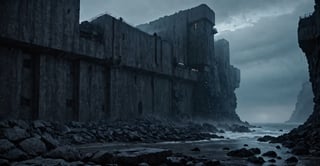 Best quality, extremely detailed, 8k, ultra high definition, perfect quality, masterpiece, night, darkness, mist, shore, cliff, calm sea, rocks, very thick fog, realistic, eerie, gloomy, scary The atmosphere, the menace, the gloom, seen from a distance, extremely fine and detailed, dark reinforced concrete fortifications with vertical, floor-to-ceiling windows, futuristic architecture, architectural neon lights,