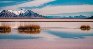 Masterpiece, highest quality, 8k high-quality photos, perfect details, perfect composition, ultra-high definition, the sky over the Salt Lake of Uyuni, the mirror-like surface of the lake, reflections in the water, majestic distant mountains, low mist,