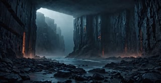 Best quality, extremely detailed, 8k, ultra high definition, perfect quality, masterpiece, night, darkness, mist, shore, cliff, calm sea, rocks, very thick fog, realistic, eerie, gloomy, scary The atmosphere, the menace, the gloom, seen from a distance, extremely fine and detailed, dark reinforced concrete fortifications with vertical, floor-to-ceiling windows, futuristic architecture, architectural neon lights,