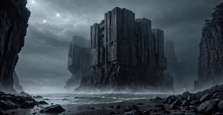 Best quality, extremely detailed, 8k, masterpiece, night, darkness, mist, shore, cliff, calm sea, rocks, very thick fog, realistic, eerie, gloomy, scary atmosphere, threatening, gloomy, from Viewed from a distance, extremely fine and detailed, dark reinforced concrete fortifications with vertical, floor-to-ceiling windows, futuristic architecture,DonMn1ghtm4reXL,science fiction, 