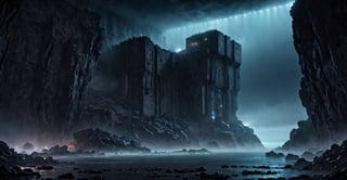 Best quality, extremely detailed, 8k, masterpiece, night, darkness, mist, shore, cliff, calm sea, rocks, very thick fog, realistic, eerie, gloomy, scary atmosphere, threatening, gloomy, from Viewed from a distance, extremely fine and detailed, dark reinforced concrete fortifications with vertical, floor-to-ceiling windows, futuristic architecture, neon lights,