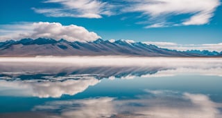 Masterpiece, highest quality, 8k high-quality photos, perfect details, perfect composition, ultra-high definition, the sky over the Salt Lake of Uyuni, the mirror-like surface of the lake, reflections in the water, majestic distant mountains, low mist,