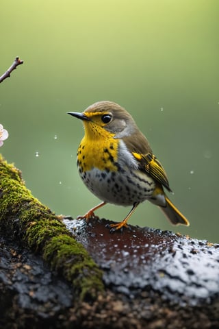 Rain, forest background, plum blossom close-up, thrush, colorful beautiful bird, colorful bird, chubby cute bird (documentary photo: 1.3). BREAK (full body shot: 1.2), perched on a branch, creative shadow play, eye level, BREAK (shot on Canon EOS 5D: 1.4), Fujicolor Pro film, Miko Lagerstedt style/Liam Wong/Nan Goldin/Lee Friedlander, BREAK (photorealism :1.3), vignette, highest quality, detailed and intricate, original footage, digital painting, moonster