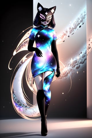 1girl, solo, skinny, (slim), simple background, gloves, animal ears, full body, (black skin), grey background, glowing, no pupils, starry sky print, (white fox mask:1.2), (black celestial qipao:1.2), dinamic photo, mystic, 3d render, unreal engine,Celestial Skin,3D MODEL