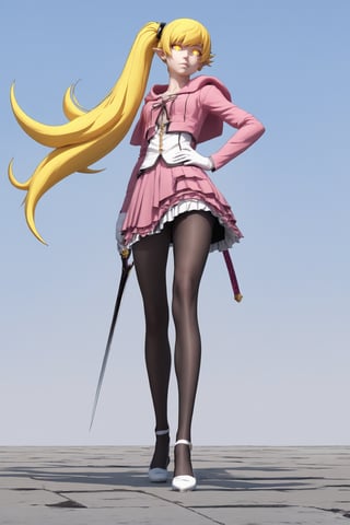 1girl, solo, long hair, skirt, blonde hair, yellow eyes, glowing eyes, weapon, pantyhose, pointy ears, sword, pink hood, right side ponytail, right hand on hip, black pantyhose, left hand holding ootachi behind her, long legs, ootachi, oshino shinobu, masterpiece, digitar art, award winning, detailed, best quality, 3d render, white gloves