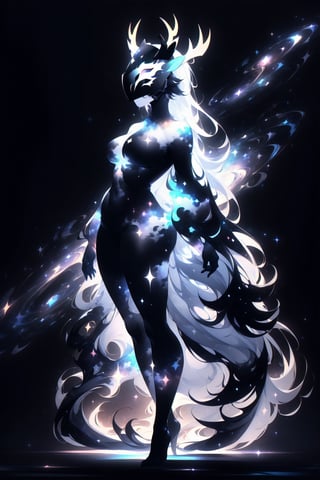 1girl, solo, tall, mature, strong, long hair, simple background, gloves, animal ears, full body, (black skin), grey background, glowing, no pupils, starry sky print, (white elk mask:1.2), white horns, (black celestial clothes:1.2), dinamic photo, mystic, 3d render, unreal engine,Celestial Skin,