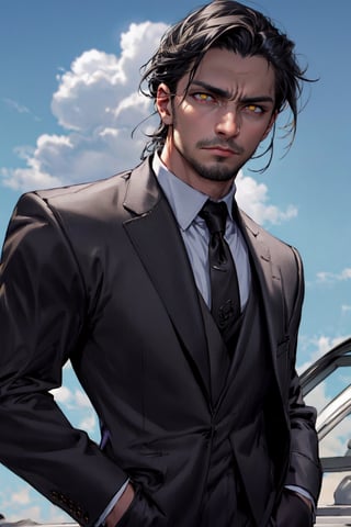 calcasian man with long black hair side swept to the right, golden eyes glowing yelow, hands on pockets, white skin, wearing a black suit, big white clouds moving in a light blue sky, very luminous, 8k, realistic, Add more detail, man, disgusted face,guy, realhands,man,Add more detail,disgusted face,looking at viewer, portrait,