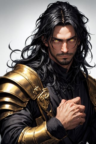 calcasian man with long black hair side swept to the right, golden eyes glowing yelow, hands down, closed fist, white skin, wearing a black armour, very luminous, 8k, realistic, Add more detail, man, disgusted face,guy, man,Add more detail, looking at viewer, portrait,man